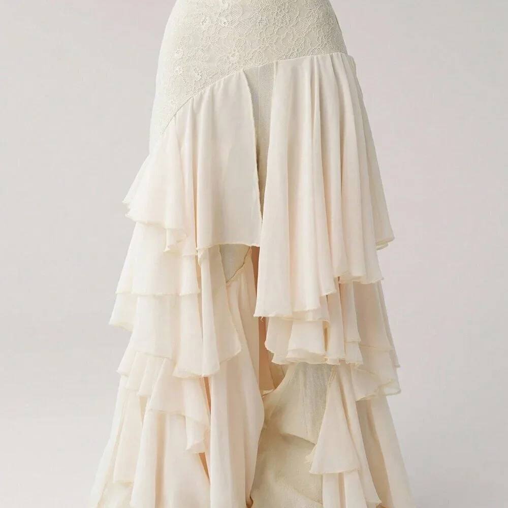Beige Asymmetrical Party Women's Chiffon Ruffle Patchwork Loose Hem Pants